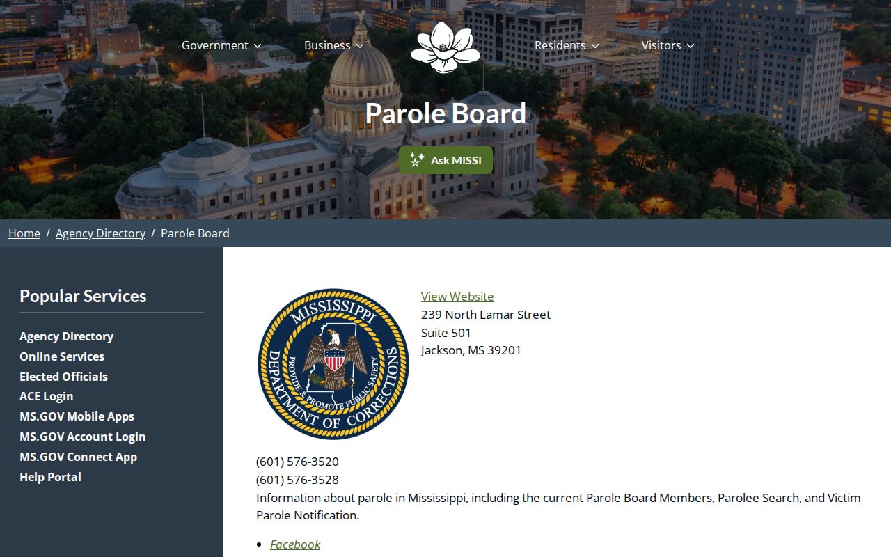 Mississippi Parole Board contact for Marshall County parole records